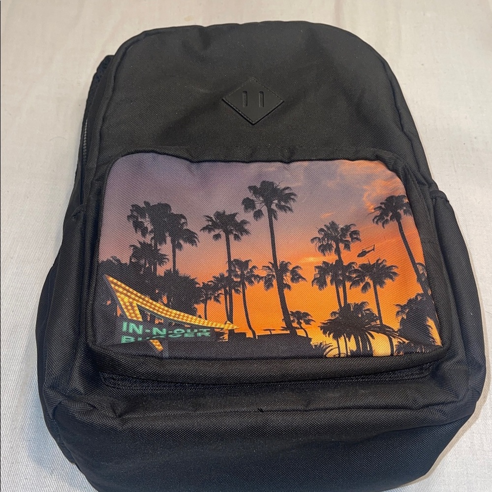 3212126 In N Out Cali famous burger Black Orange Backpack with Palm Tree Design